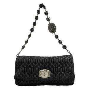 Auth miumiu Miu Crystal, Matelasse RP0233 Black Leather - Shoulder Bag